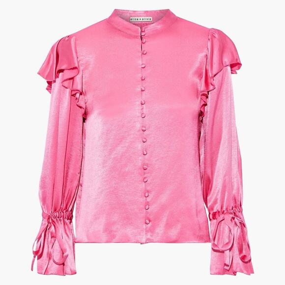 Alice + Olivia | Womens Barbie Pink Brayden Ruffled Satin Blouse Tie Sleeves Top - Picture 3 of 10